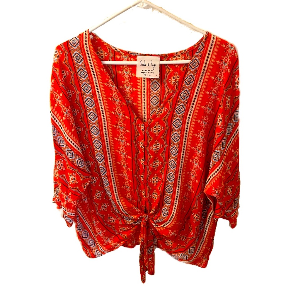Sadie & Sage V-Neck Tie-up and Button Down Orange Blouse with 3/4 Length Sleeves